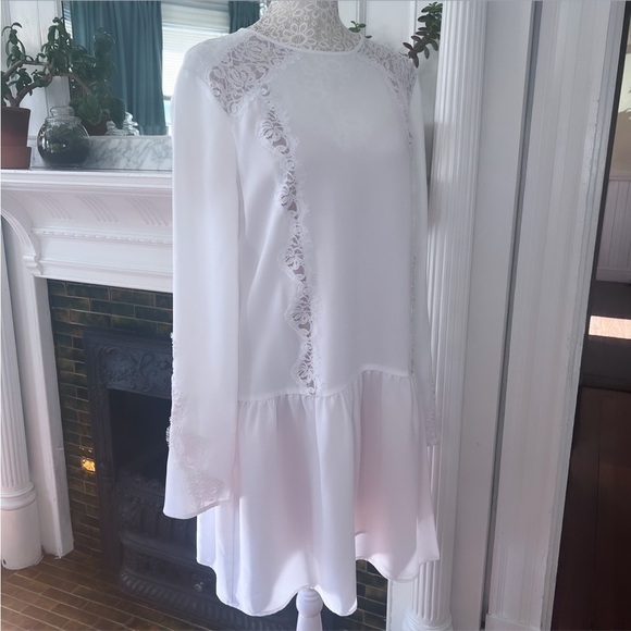 BCBGMAXAZIRA Jayne Long Sleeve Drop Waist‎ Lace White Wedding Mini Dress Size S - Picture 3 of 12